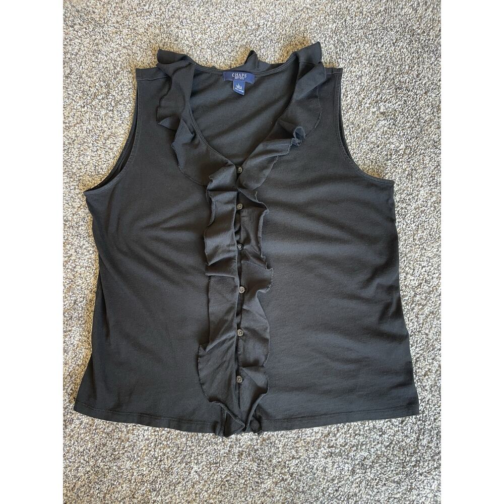 Chaps Ralph Lauren Women's Black Ruffle Button-up Sleeveless Tank Blouse Large